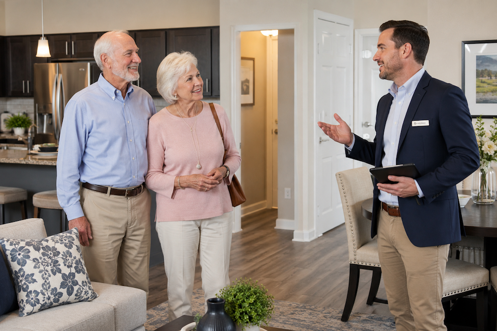An older couple tours an apartment in a retirement community