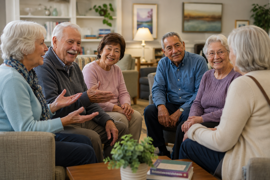 A group of senior living residents welcomes a new resident.